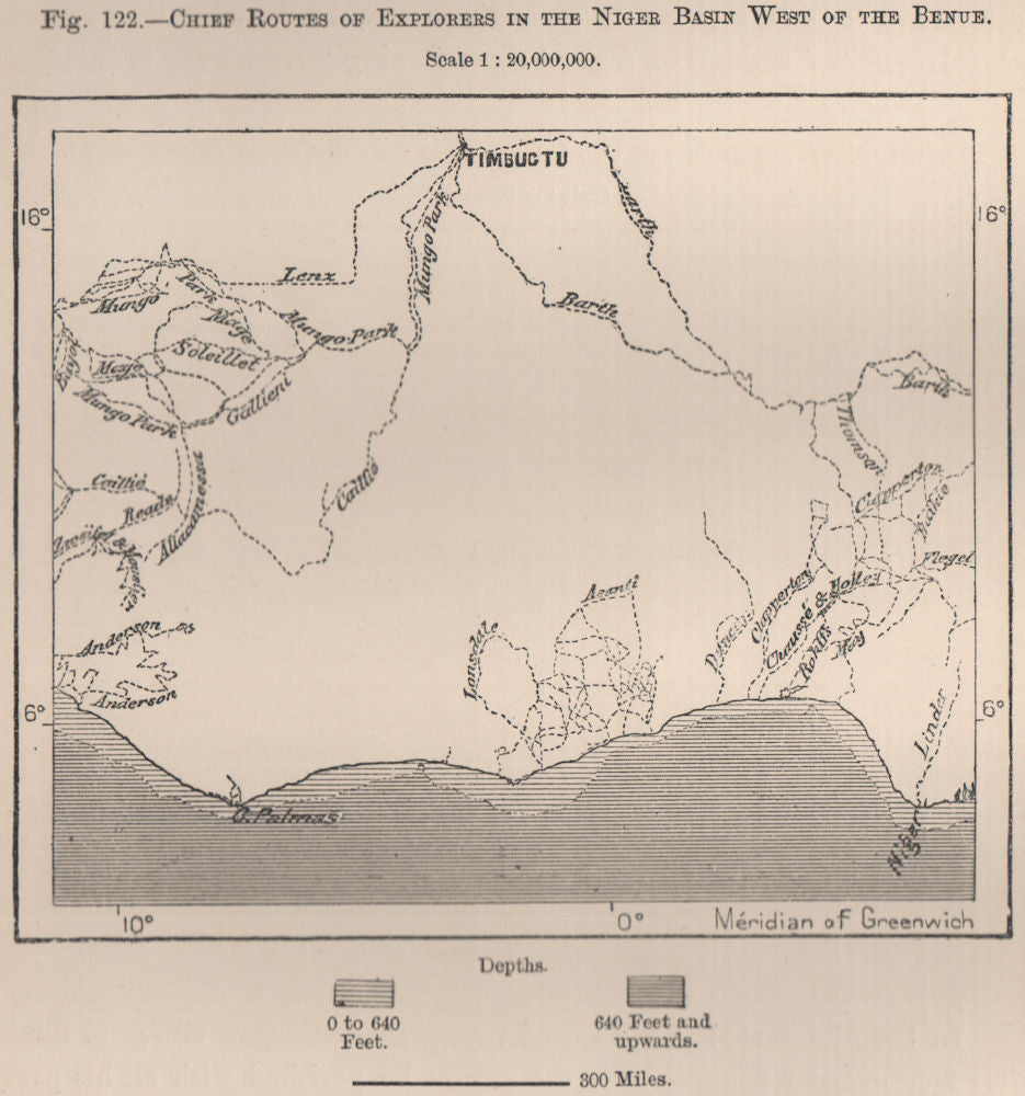Chief routes of explorers in the Niger Basin West of the Benue.Africa 1885 map